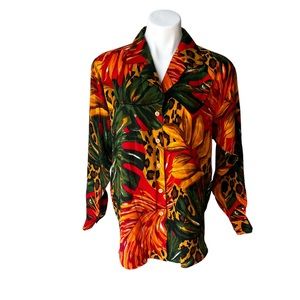 Vintage Adam Douglas Jungle Print Silk Button Down Blouse, Sz S